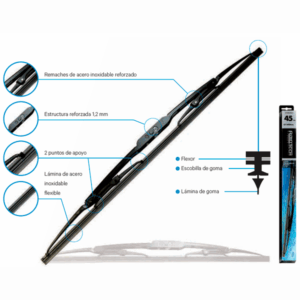 Escobilla limpiaparabrisas RainTech con estructura reforzada de 1,2 mm, remaches de acero inoxidable y 2 puntos de apoyo.