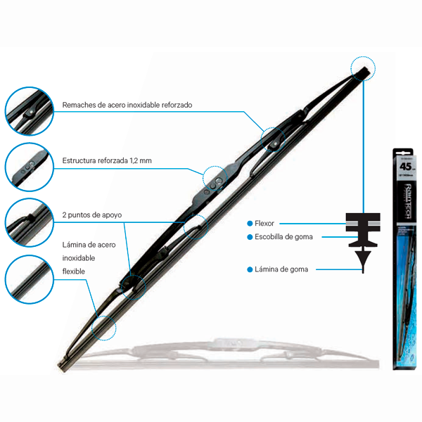 Escobilla limpiaparabrisas RainTech con estructura reforzada de 1,2 mm, remaches de acero inoxidable y 2 puntos de apoyo.