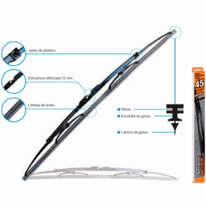 Escobilla limpiaparabrisas Standard Rise con junta de plástico, estructura reforzada de 1,0 mm y lámina de acero.