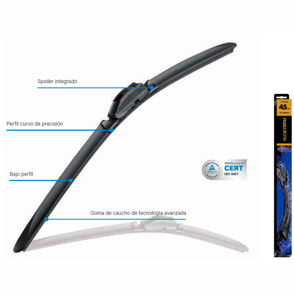 Escobilla limpiaparabrisas RainTech flexible con spoiler integrado, perfil curvo de precisión y goma de caucho avanzada.