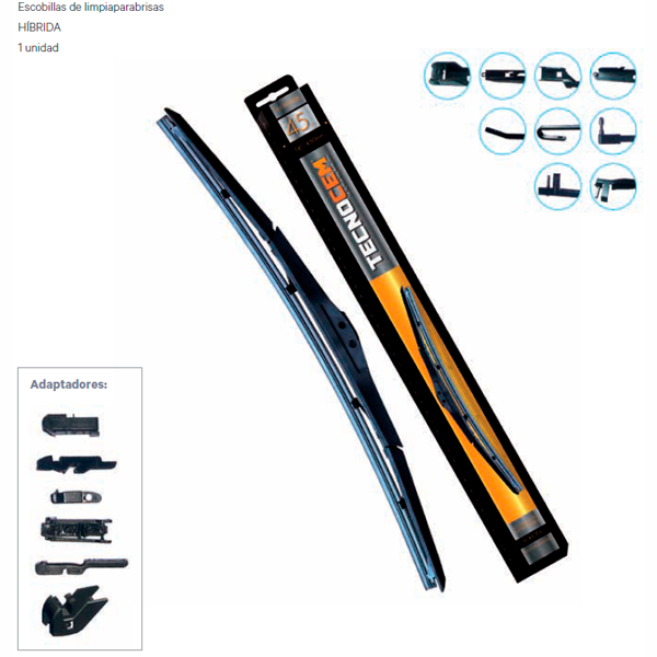 Escobilla limpiaparabrisas Tecnocem híbrida con diseño aerodinámico y adaptadores universales.