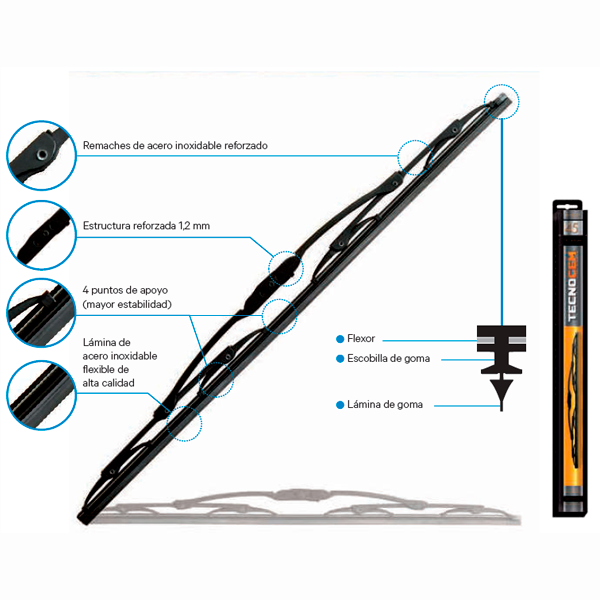Escobilla limpiaparabrisas Tecnocem con estructura metálica reforzada, remaches de acero inoxidable y lámina de goma de alta calidad.
