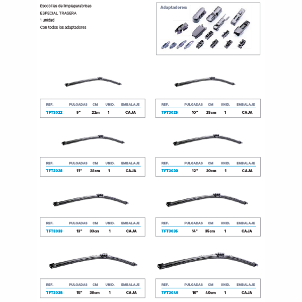 Escobilla limpiaparabrisas trasera Tecnocem con adaptadores universales para múltiples modelos de vehículo.