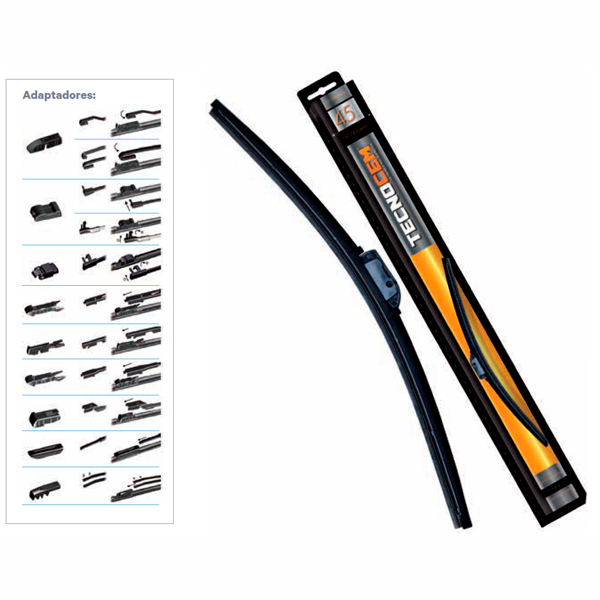 Escobilla limpiaparabrisas Tecnocem con spoiler aerodinámico y diseño metálico para mayor estabilidad.