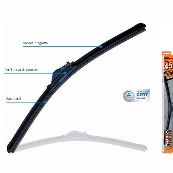 Escobilla limpiaparabrisas Tecnocem flexible con spoiler integrado, perfil curvo de precisión y diseño de bajo perfil.