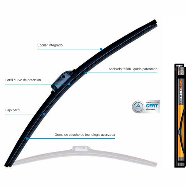 Escobilla limpiaparabrisas Tecnocem Flexible con spoiler integrado, perfil bajo, goma de caucho avanzada y acabado en teflón líquido.